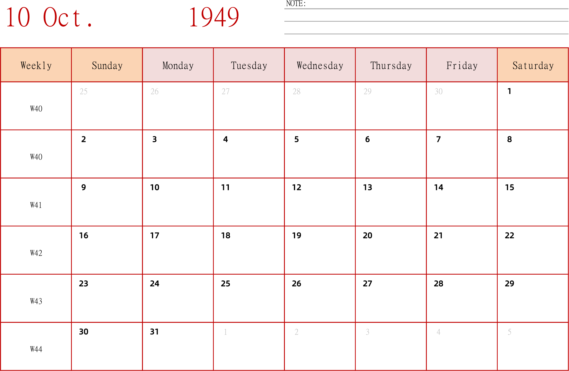 日历表1949年日历 英文版 横向排版 周日开始 带周数